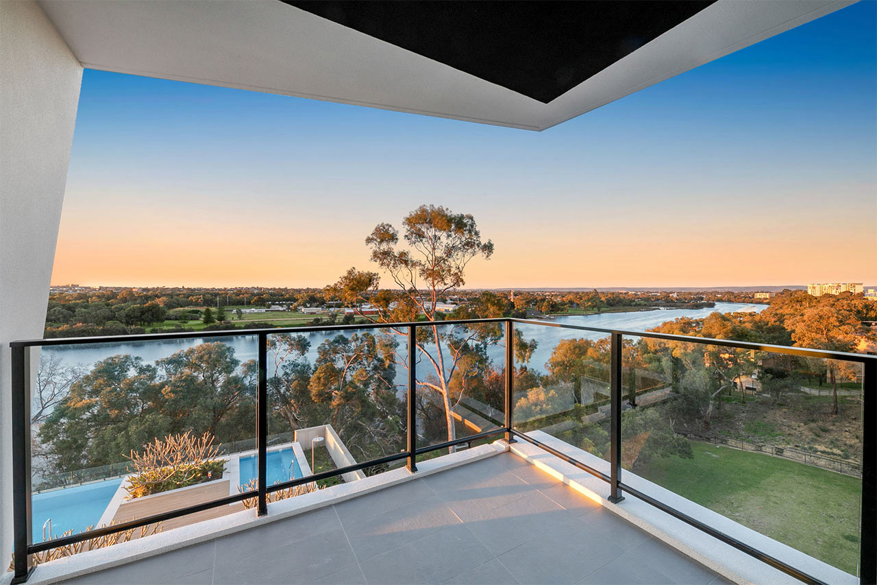 Parallel Apartment balcony with a view of Swan river